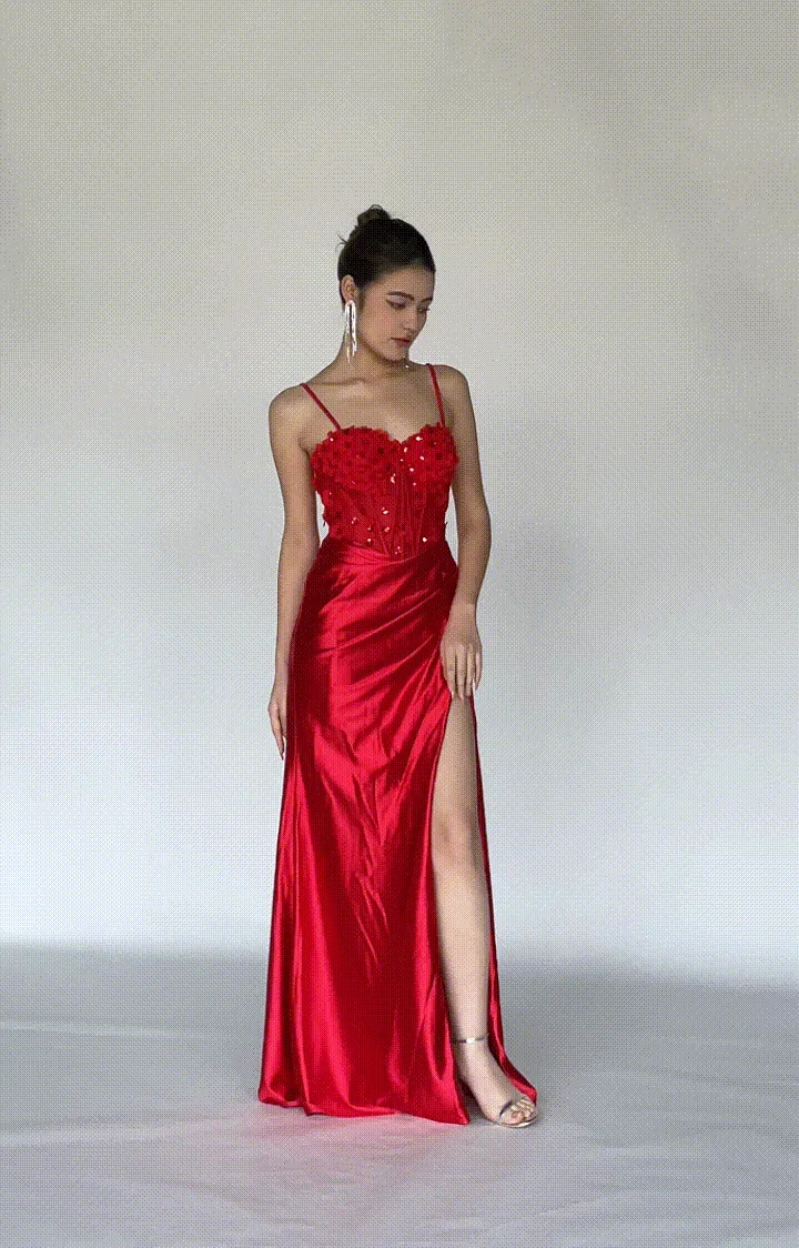 Appliqued Corset Pleated Split Prom Dress