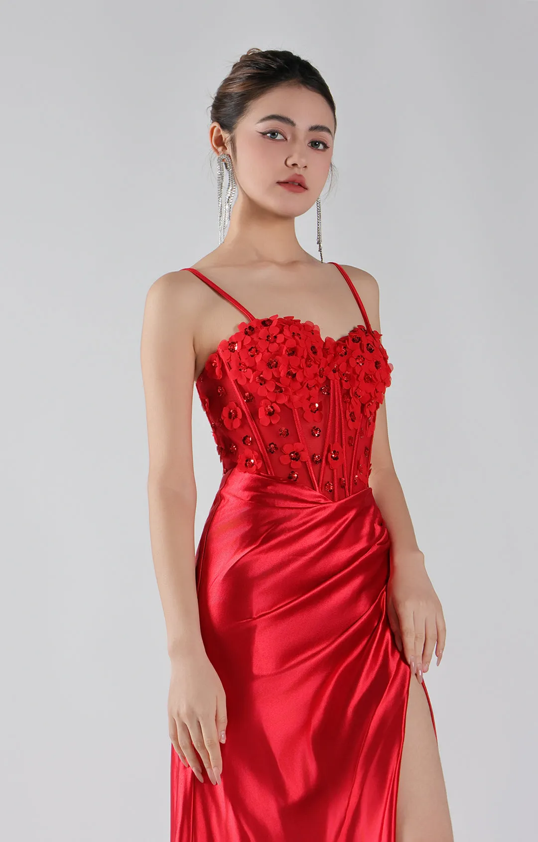 Appliqued Corset Pleated Split Prom Dress