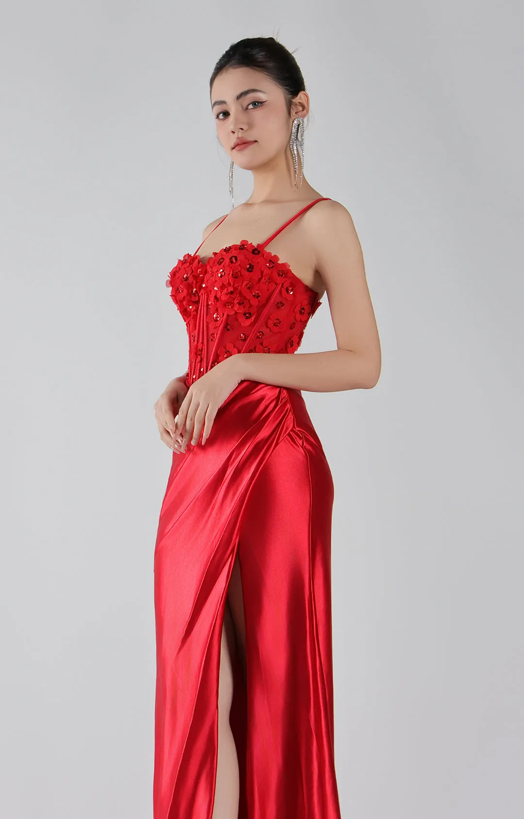 Appliqued Corset Pleated Split Prom Dress