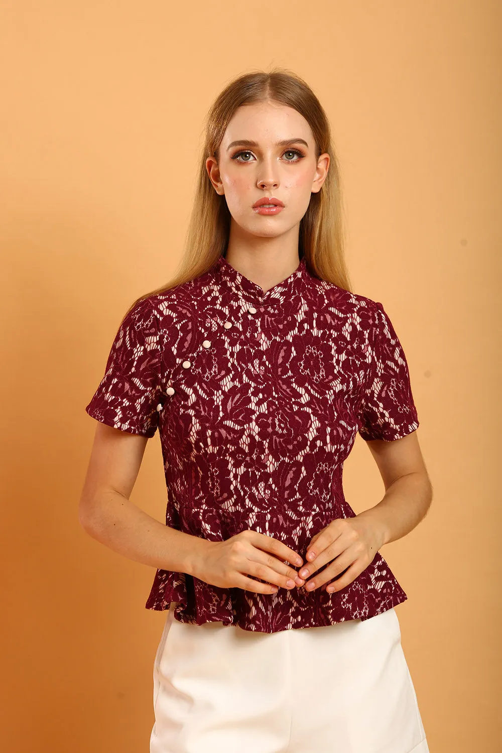 Aubrey Mandarin Collar Lace Top in Red