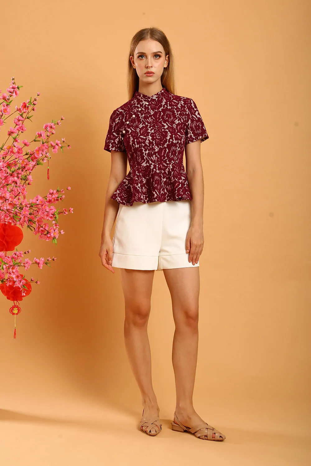 Aubrey Mandarin Collar Lace Top in Red