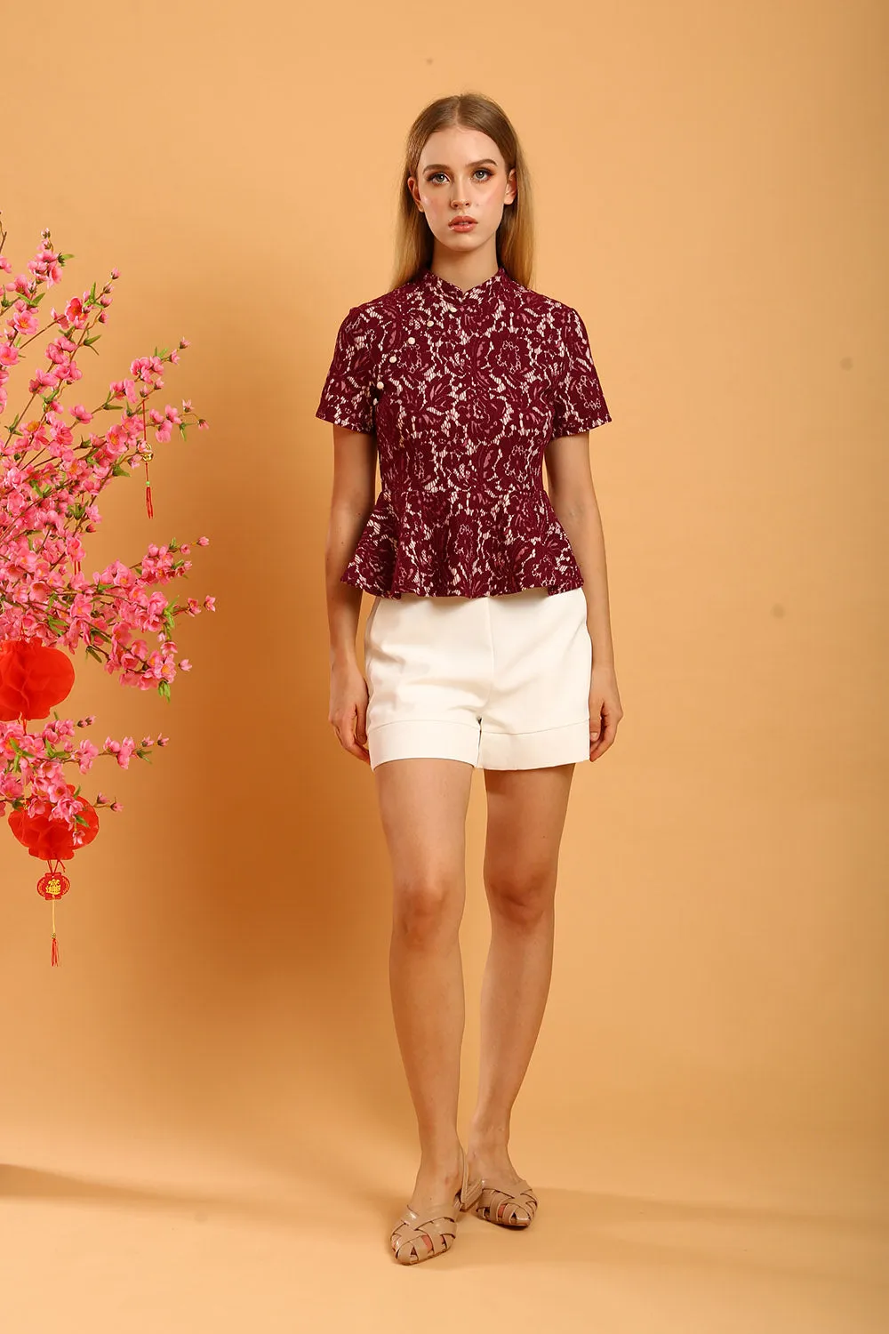 Aubrey Mandarin Collar Lace Top in Red