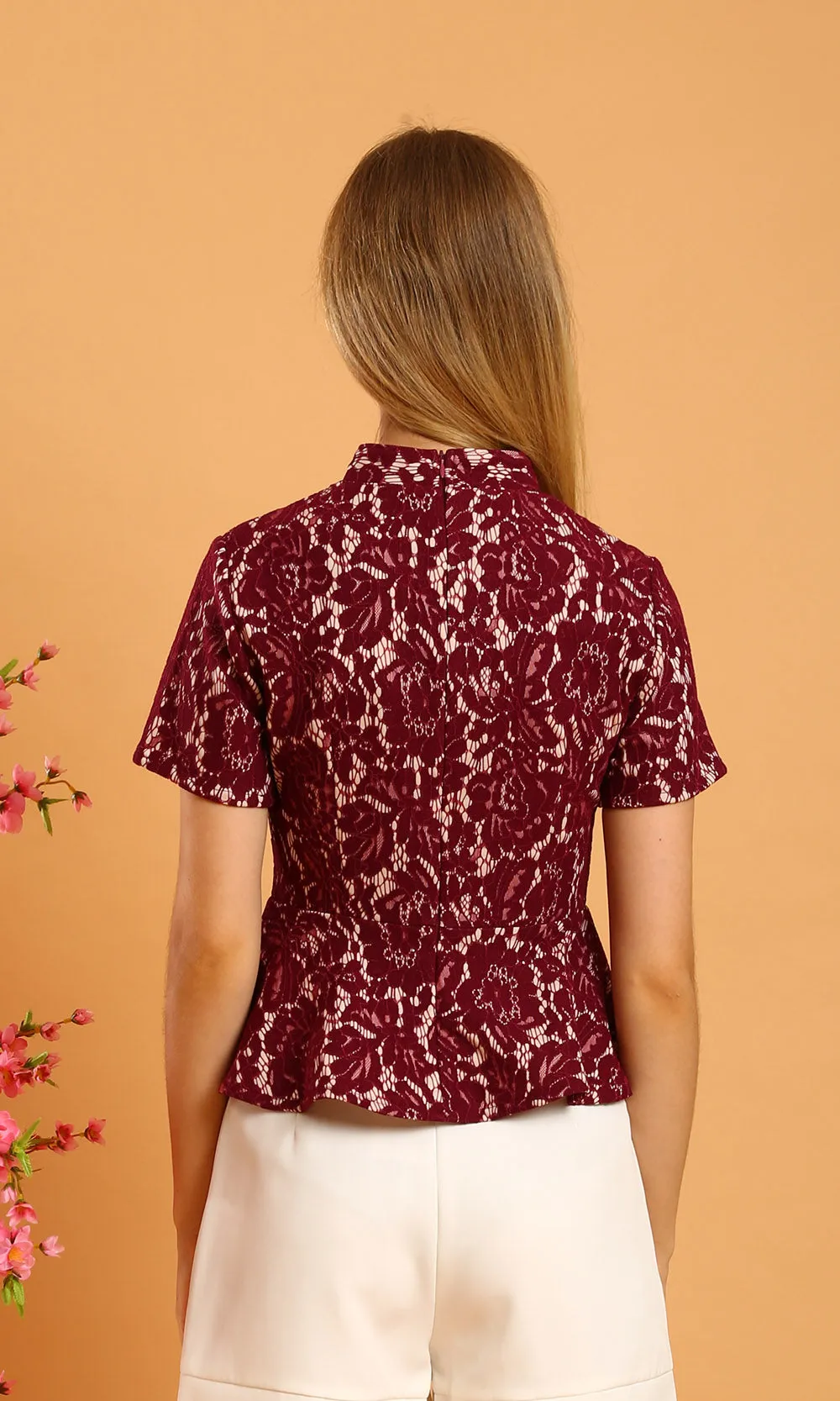 Aubrey Mandarin Collar Lace Top in Red
