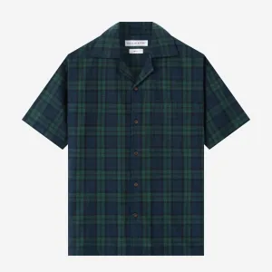 College Days Short Sleeve Camp Collar Plaid Shirt - Green Blue