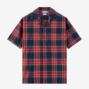 College Days Short Sleeve Camp Collar Plaid Shirt - Red Navy