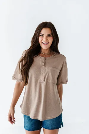 Drew Henley Knit Top in Taupe - Size Small Left