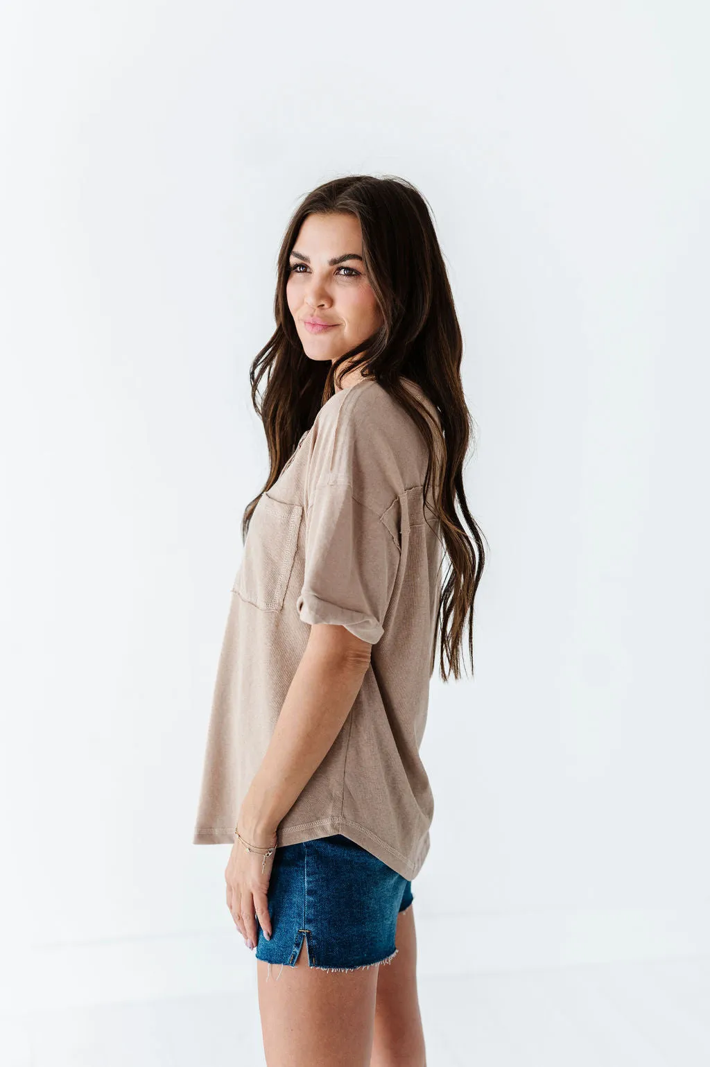 Drew Henley Knit Top in Taupe - Size Small Left