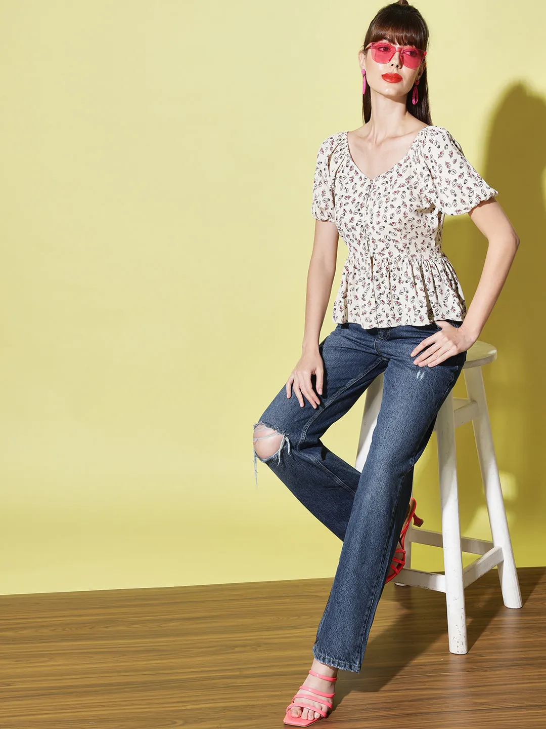 Floral Print Sweetheart Neck Puff Sleeves Georgette Peplum Top