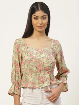 Floral Print Sweetheart Neck Smocked Georgette Peplum Top