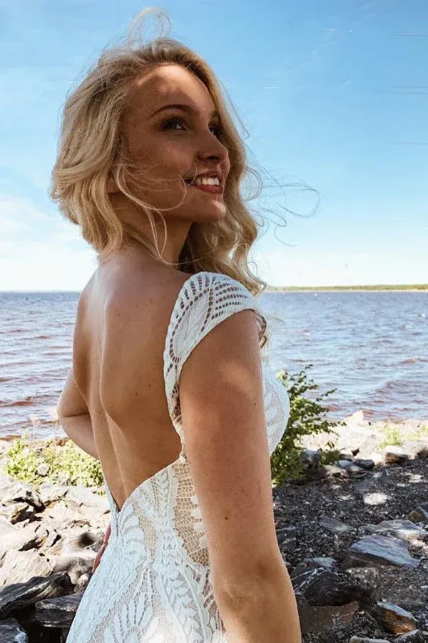 Kateprom Boho Lace Sheath Sweep Train Sheath Beach Wedding Dresses KPW0720