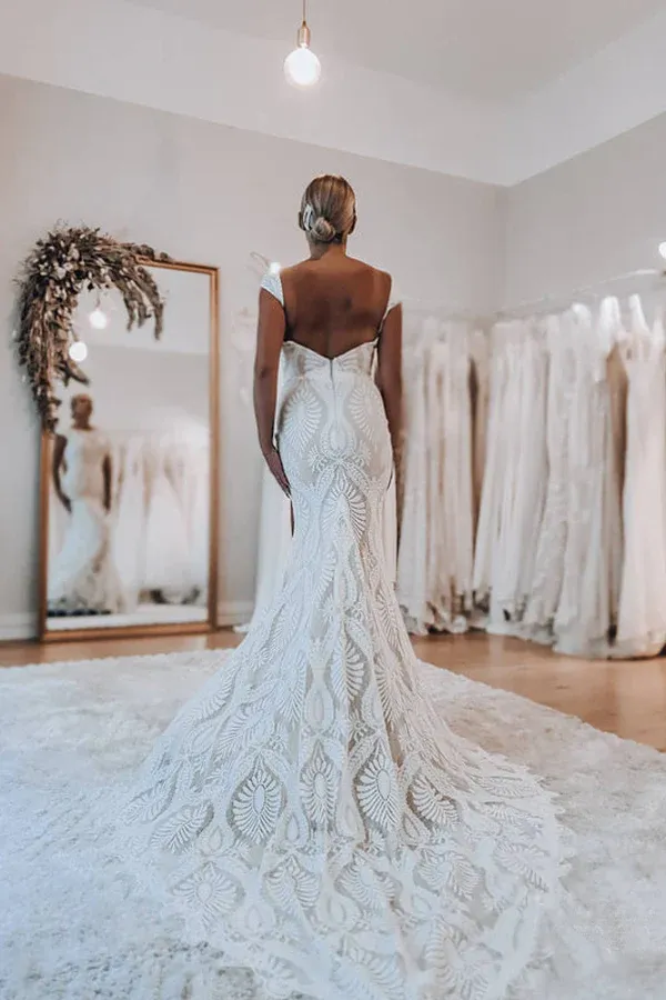 Kateprom Boho Lace Sheath Sweep Train Sheath Beach Wedding Dresses KPW0720
