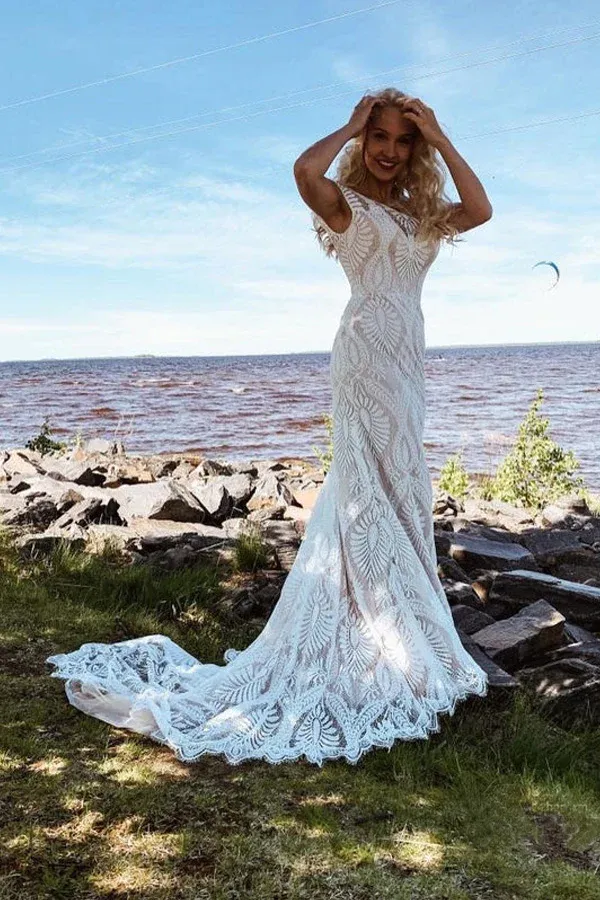 Kateprom Boho Lace Sheath Sweep Train Sheath Beach Wedding Dresses KPW0720