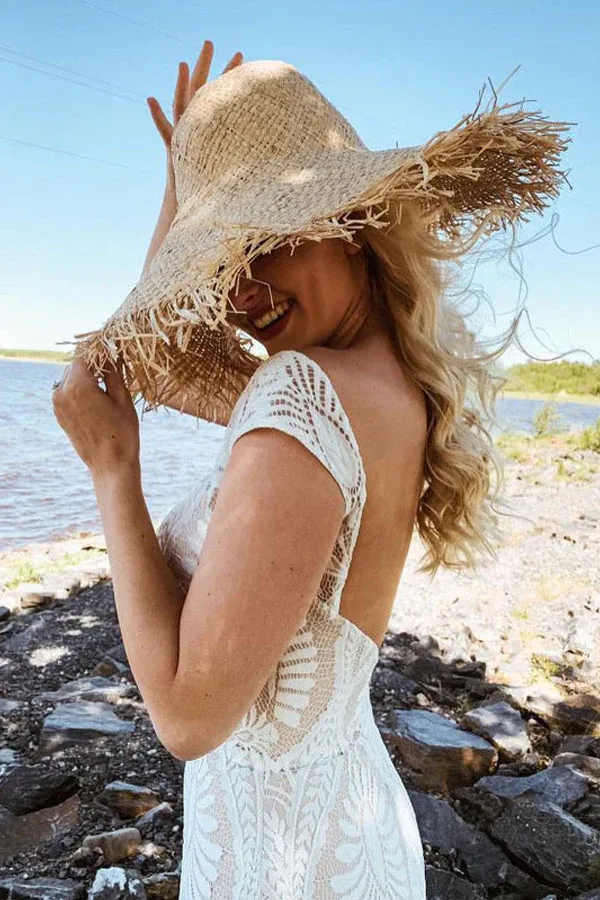 Kateprom Boho Lace Sheath Sweep Train Sheath Beach Wedding Dresses KPW0720
