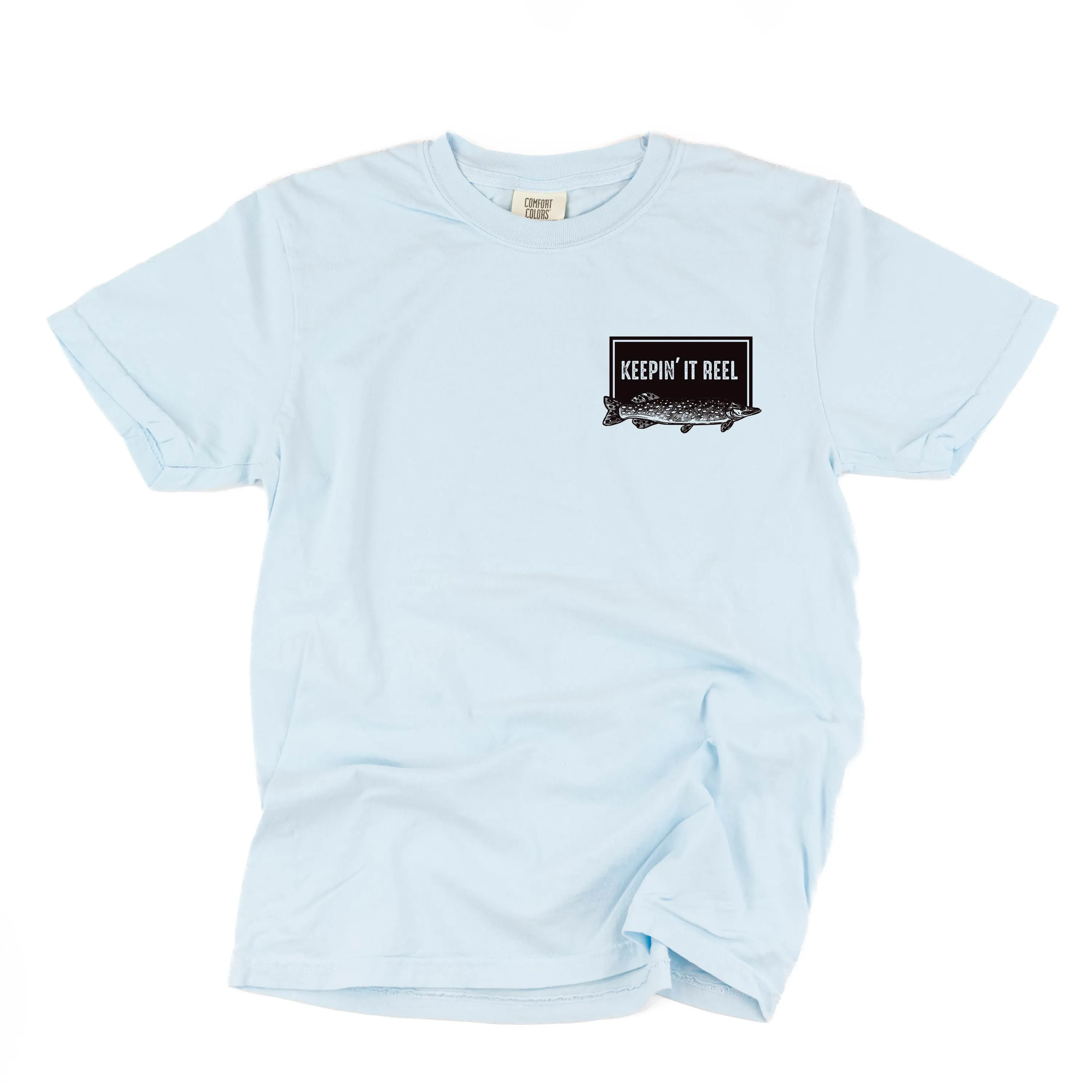 Keepin' It Reel Pocket Design on Front w/ Fishing Reel on Back - SHORT SLEEVE COMFORT COLORS TEE