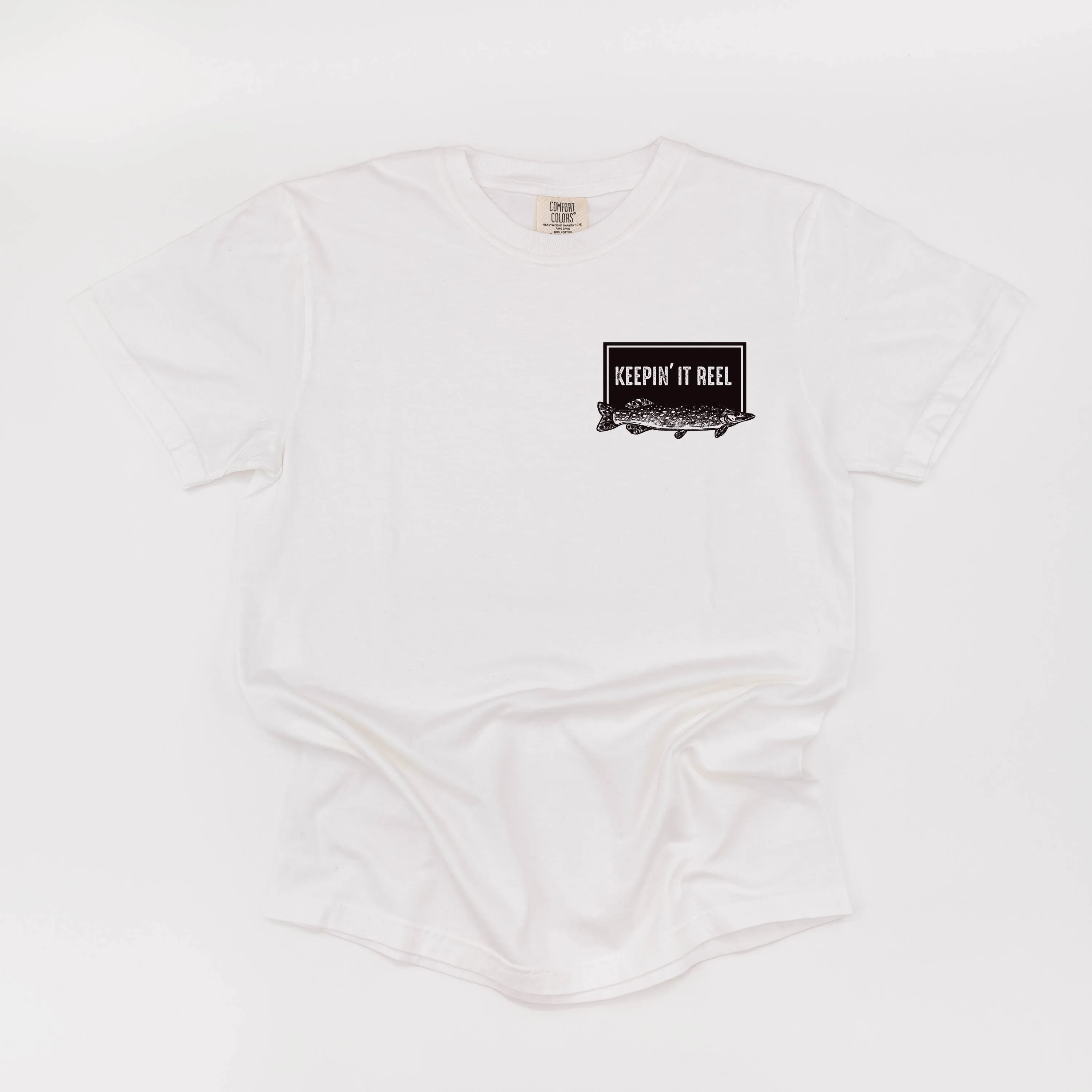 Keepin' It Reel Pocket Design on Front w/ Fishing Reel on Back - SHORT SLEEVE COMFORT COLORS TEE