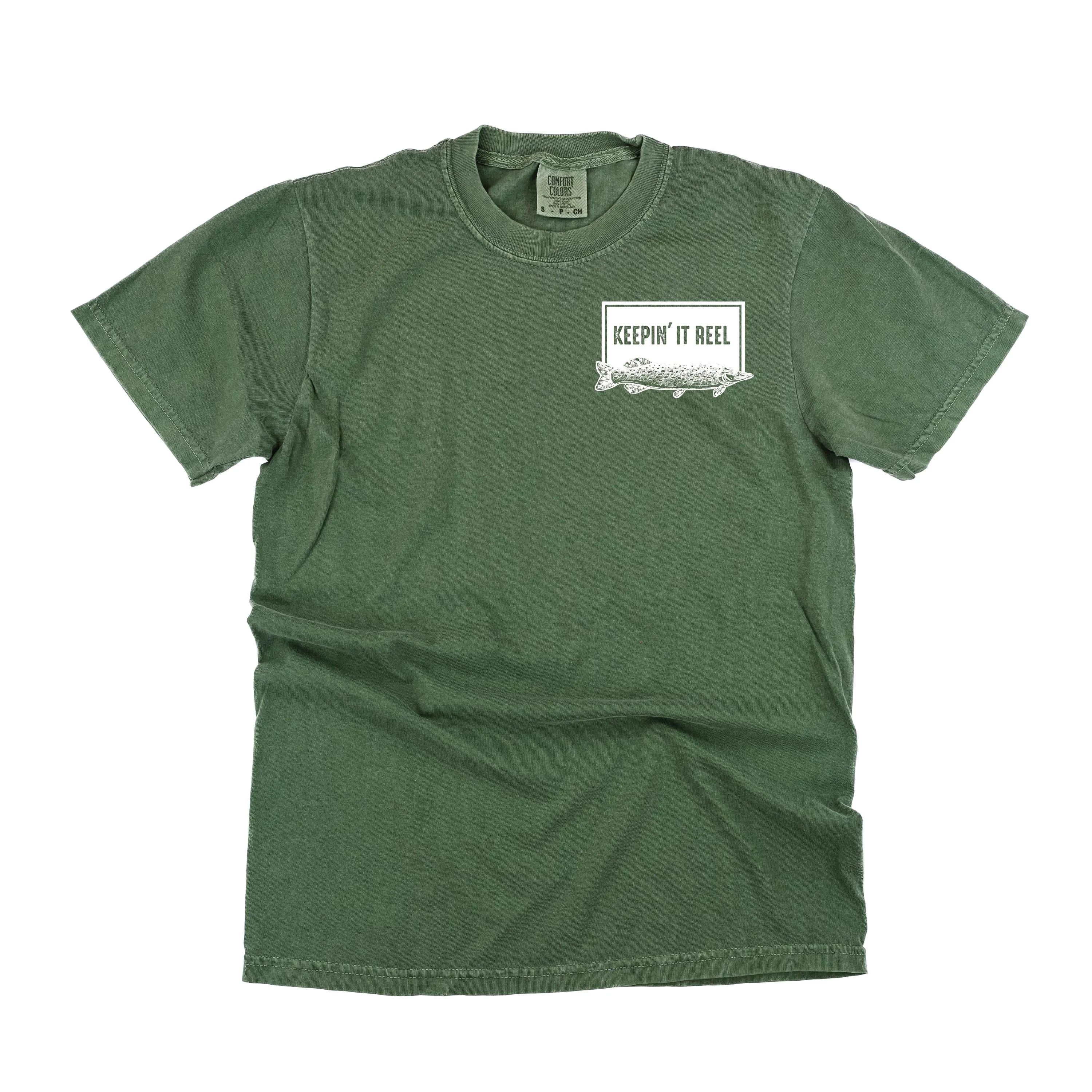 Keepin' It Reel Pocket Design on Front w/ Fishing Reel on Back - SHORT SLEEVE COMFORT COLORS TEE
