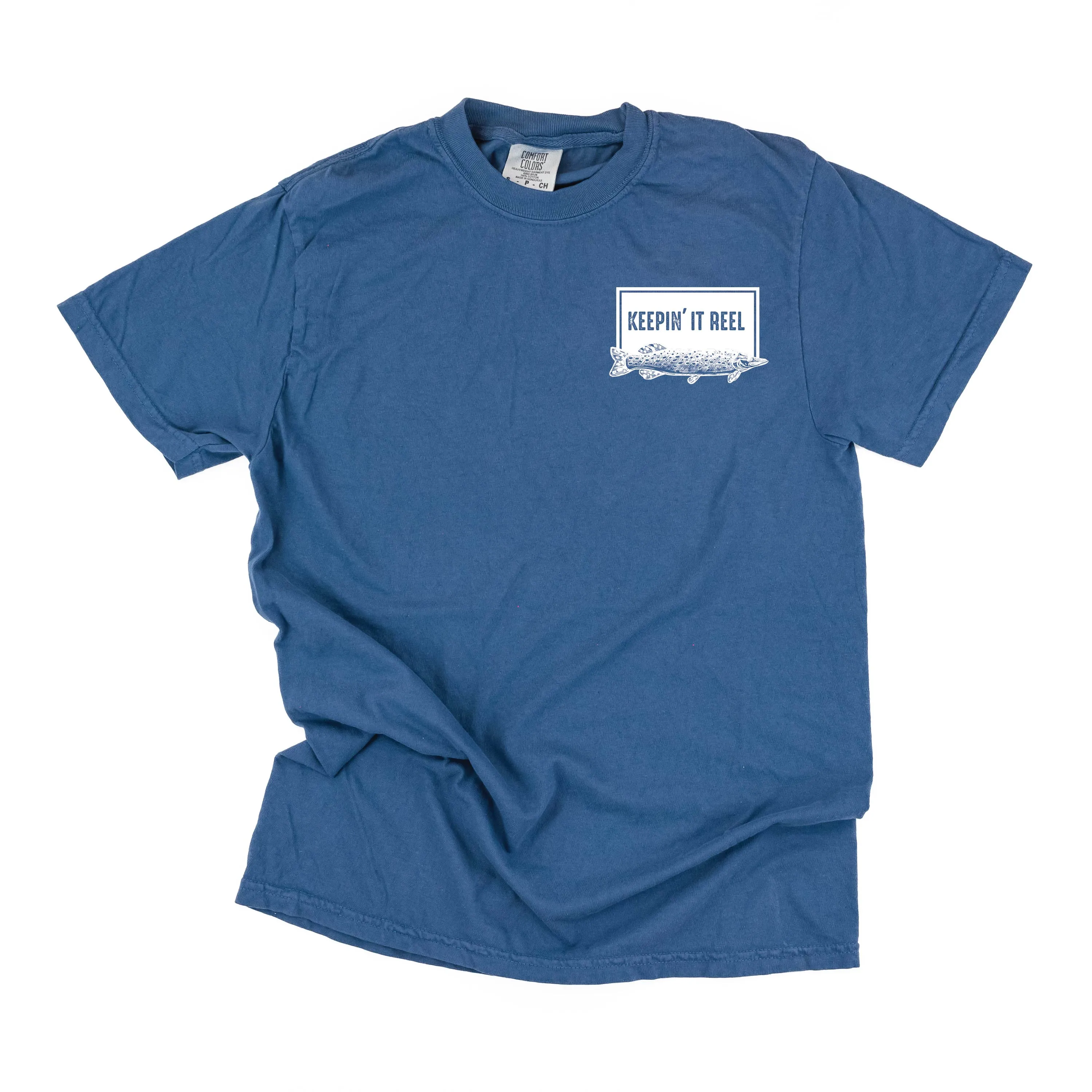 Keepin' It Reel Pocket Design on Front w/ Fishing Reel on Back - SHORT SLEEVE COMFORT COLORS TEE