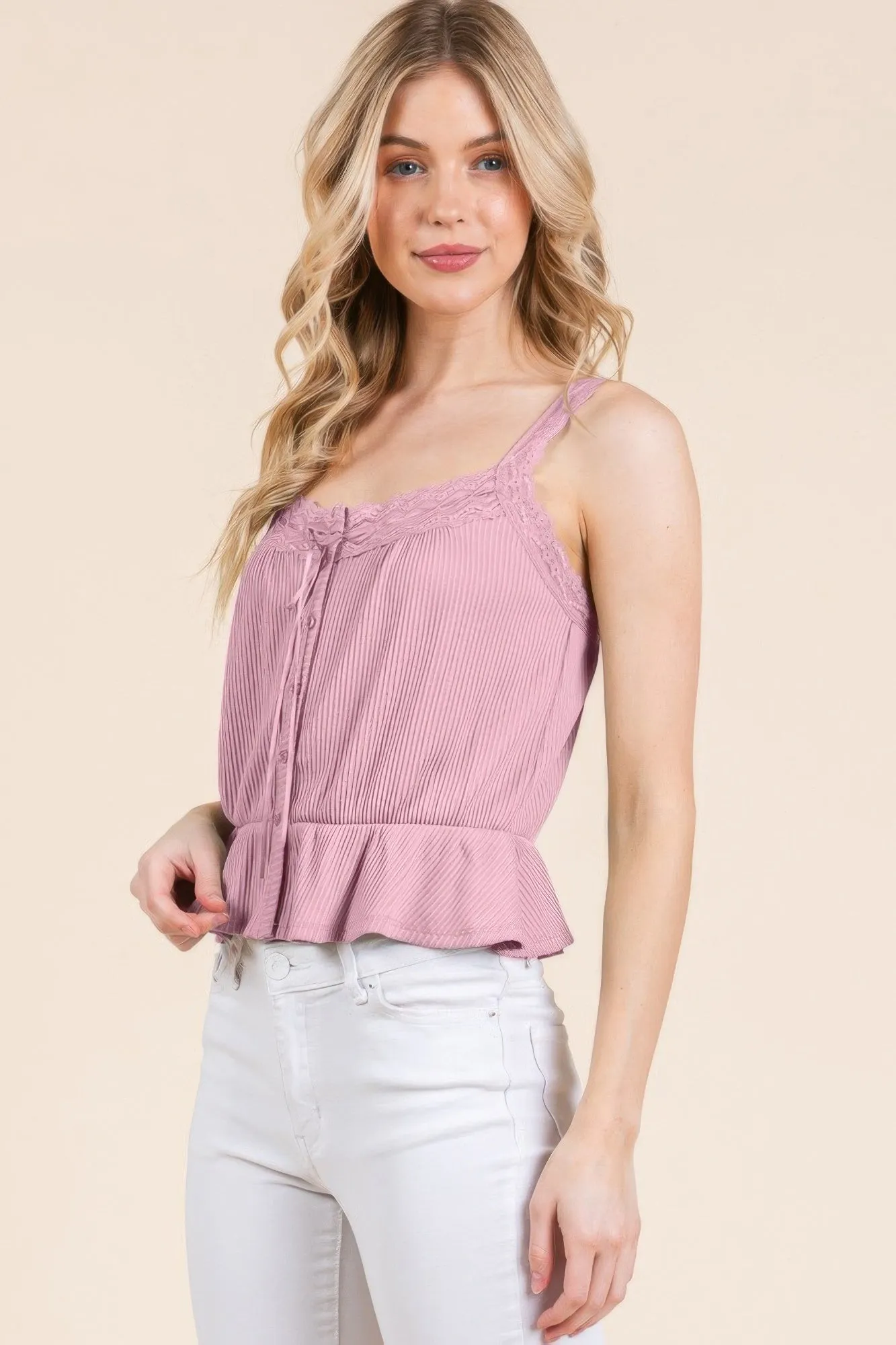 Lace Peplum Tie Front Ribbed Cami Top