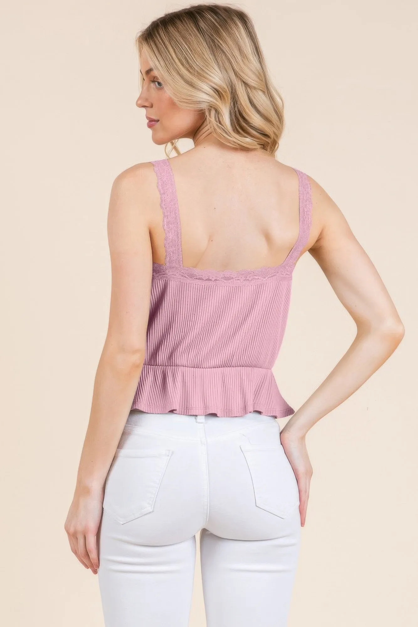 Lace Peplum Tie Front Ribbed Cami Top