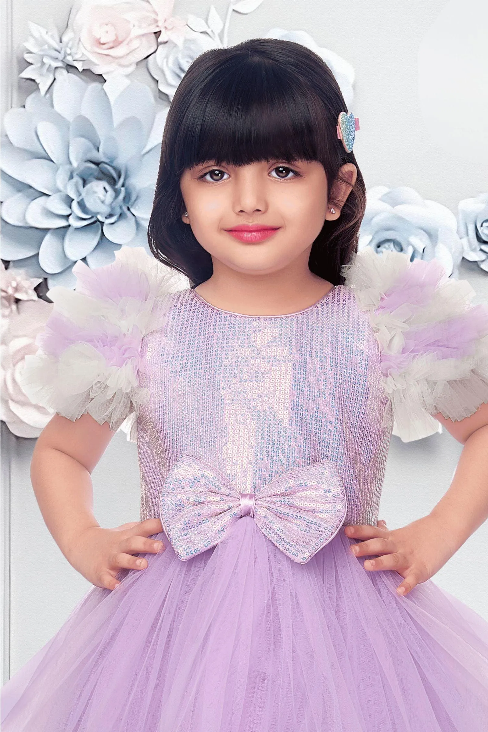 Light Purple Sequins work Knee Length Ball Frock for Girls