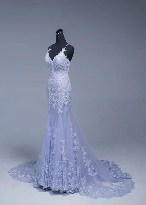 Luolandi Beautiful Lavener Tulle with Lace Sheath Spaghetti Straps Evening Dresses Long Prom Dresses Elegant