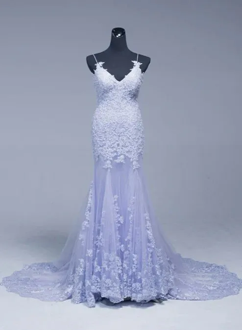 Luolandi Beautiful Lavener Tulle with Lace Sheath Spaghetti Straps Evening Dresses Long Prom Dresses Elegant