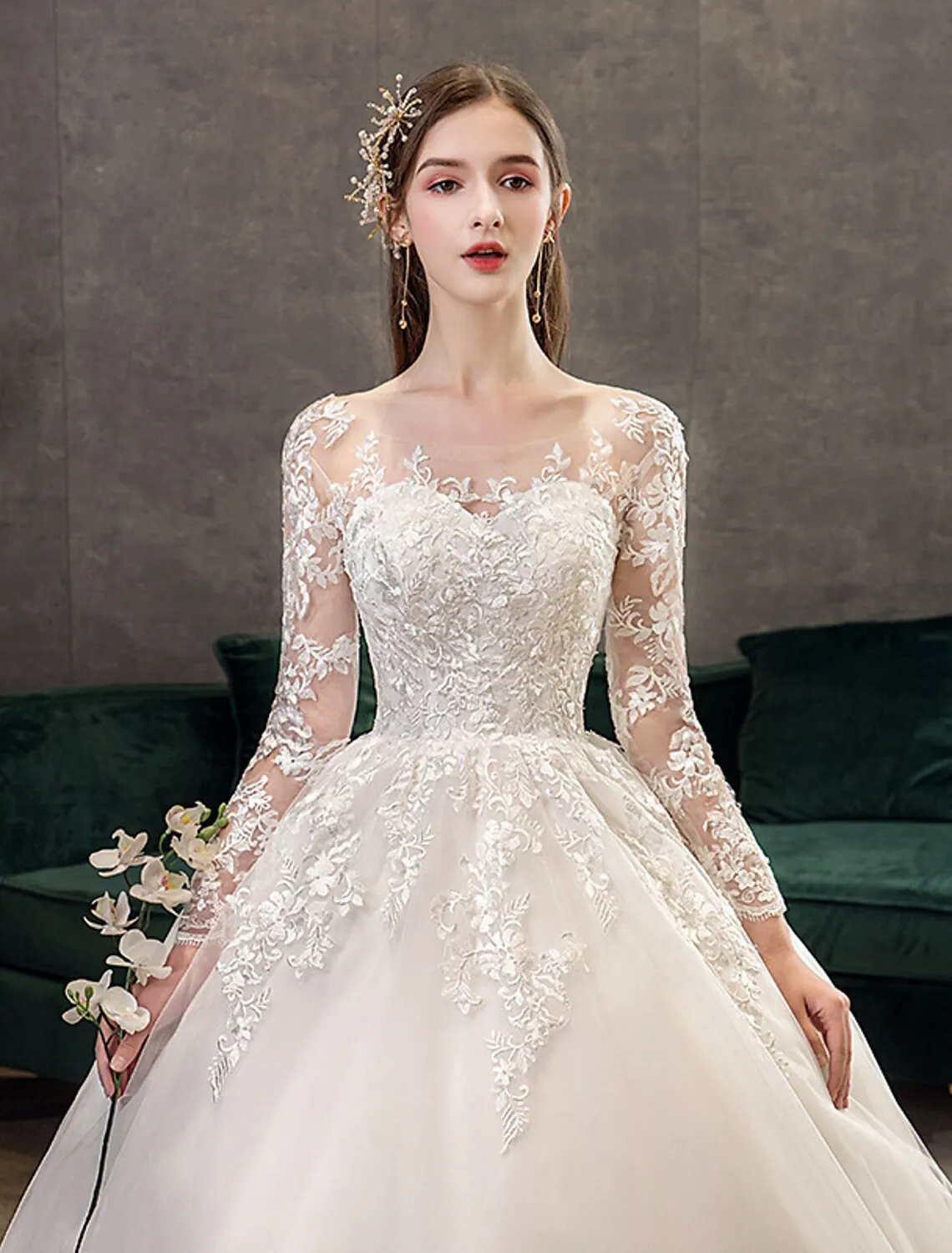 Luolandi Engagement Formal Fall Wedding Dresses Ball Gown Illusion Neck Long Sleeve Cathedral Train Lace Bridal Gowns