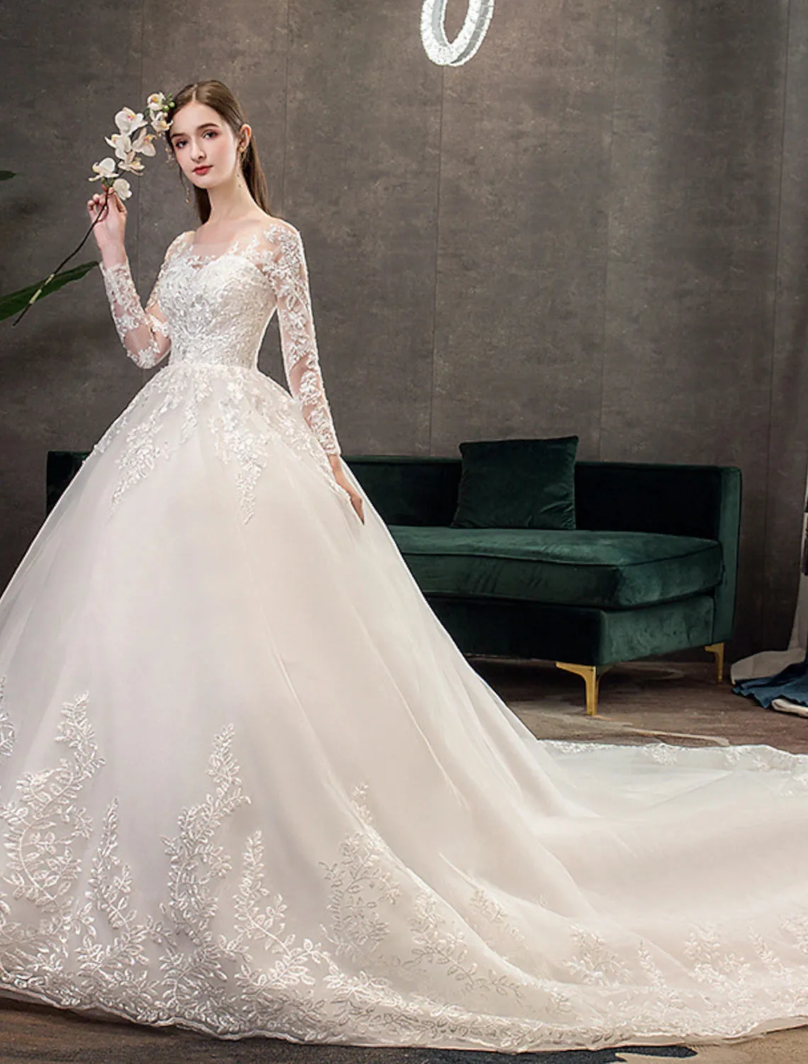 Luolandi Engagement Formal Fall Wedding Dresses Ball Gown Illusion Neck Long Sleeve Cathedral Train Lace Bridal Gowns