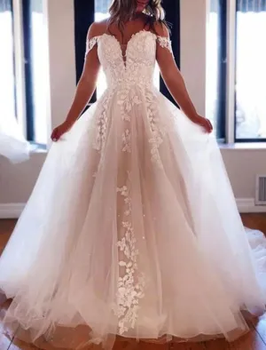 Luolandi Engagement Formal Wedding Dresses Ball Gown Off Shoulder Cap Sleeve Chapel Train Lace Bridal Gowns With Buttons Appliques Beautiful