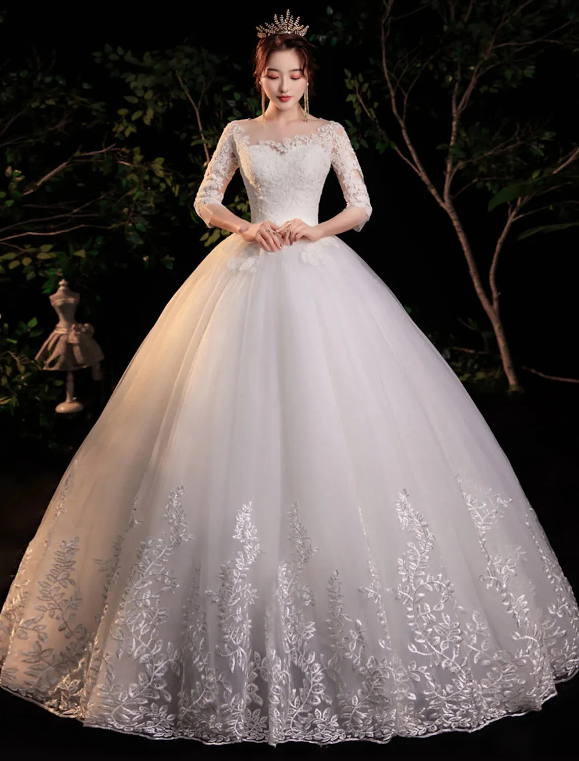Luolandi Reception Formal Wedding Dresses Ball Gown Illusion Neck Half Sleeve Floor Length Lace Bridal Gowns
