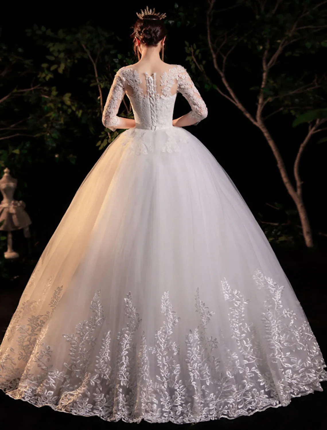 Luolandi Reception Formal Wedding Dresses Ball Gown Illusion Neck Half Sleeve Floor Length Lace Bridal Gowns