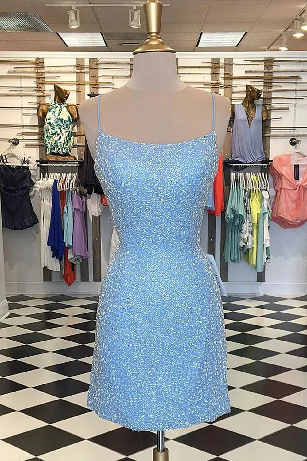 Luolandi Sexy Spaghetti Straps Sheath Beaded Blue Scoop Criss Cross Homecoming Dresses Short