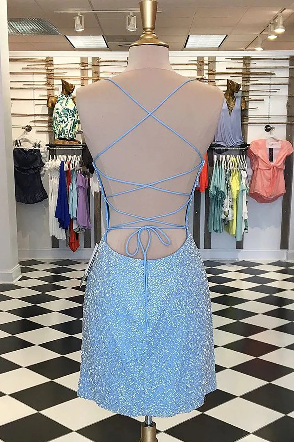 Luolandi Sexy Spaghetti Straps Sheath Beaded Blue Scoop Criss Cross Homecoming Dresses Short