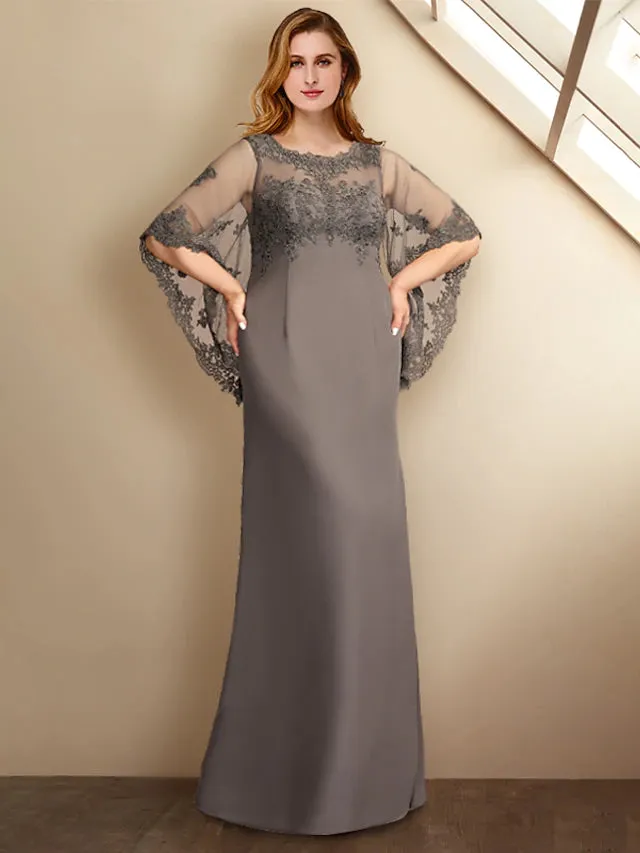 Luolandi Sheath / Column Plus Size Curve Mother of the Bride Dresses Elegant Dress Formal Floor Length Half Sleeve Jewel Neck Chiffon
