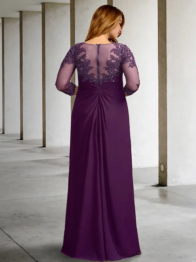 Luolandi Sheath / Column Plus Size Curve Mother of the Bride Dresses Luxurious Dress Formal Floor Length Half Sleeve Jewel Neck Chiffon