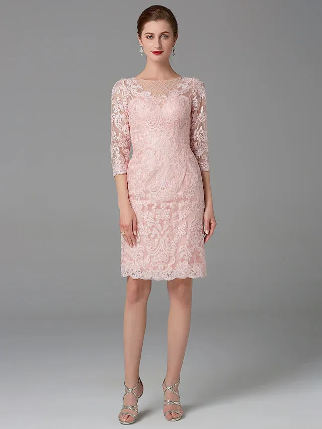 Luolandi Two Piece Sheath / Column Mother of the Bride Dress Church Sparkle & Shine Jewel Neck Knee Length Chiffon Lace 3/4 Length Sleeve Jacket Dresses with Beading
