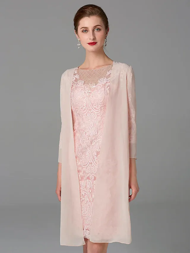 Luolandi Two Piece Sheath / Column Mother of the Bride Dress Church Sparkle & Shine Jewel Neck Knee Length Chiffon Lace 3/4 Length Sleeve Jacket Dresses with Beading