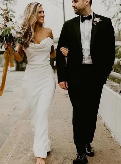 Luolandi White Spaghetti Straps Long Sheath Satin Wedding Dresses Sexy
