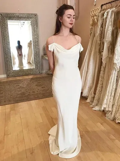 Luolandi White Spaghetti Straps Long Sheath Satin Wedding Dresses Sexy