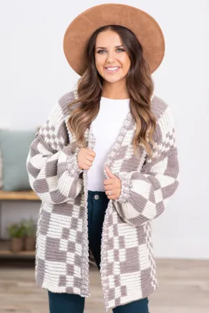 Mocha and Ivory Checkerboard Chunky Cardigan