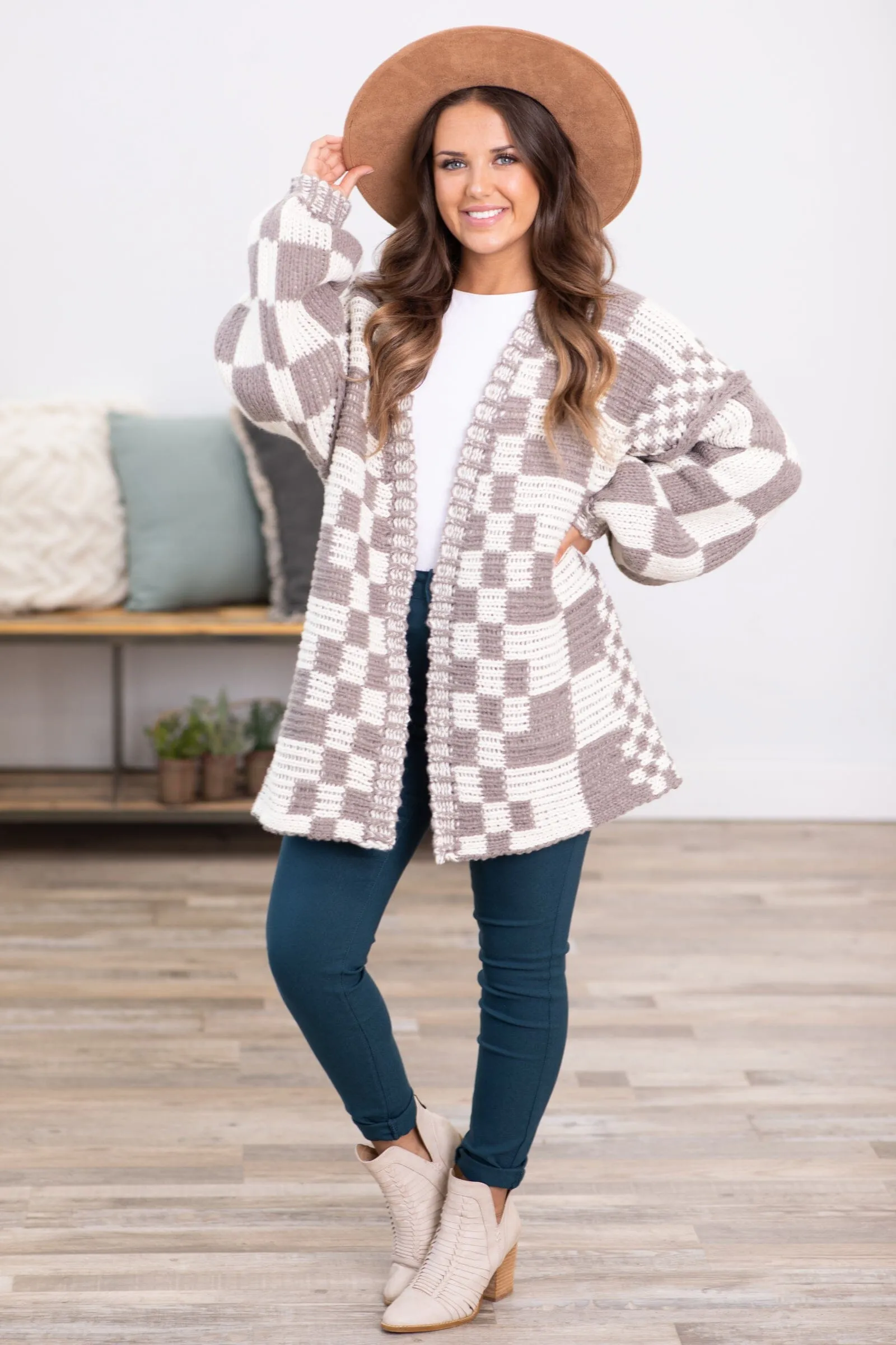Mocha and Ivory Checkerboard Chunky Cardigan