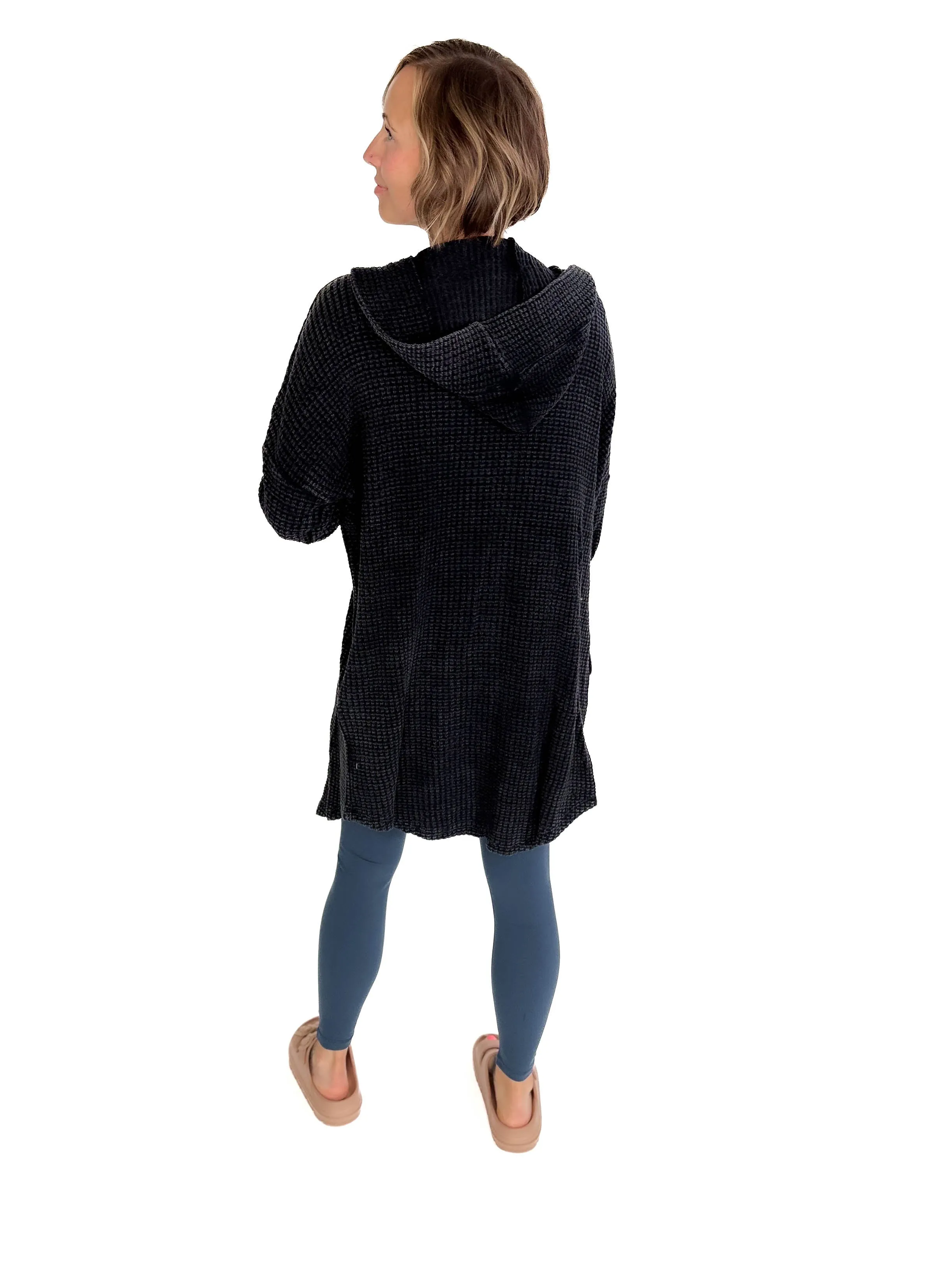 MONO B Freya Chunky Waffle Hooded Cardigan- BLACK