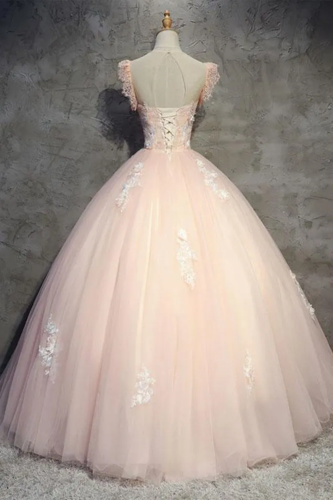 Round Neck Cap Sleeves Lace Pink Long Prom Dress, Pink Lace Formal Dress, Pink Evening Dress, Ball Gown M3109