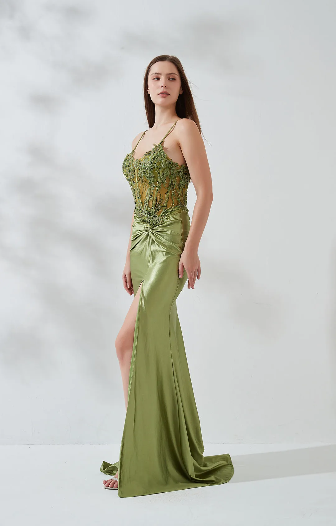 See-through Appliqued High Split Fishbone Zipper Dresses