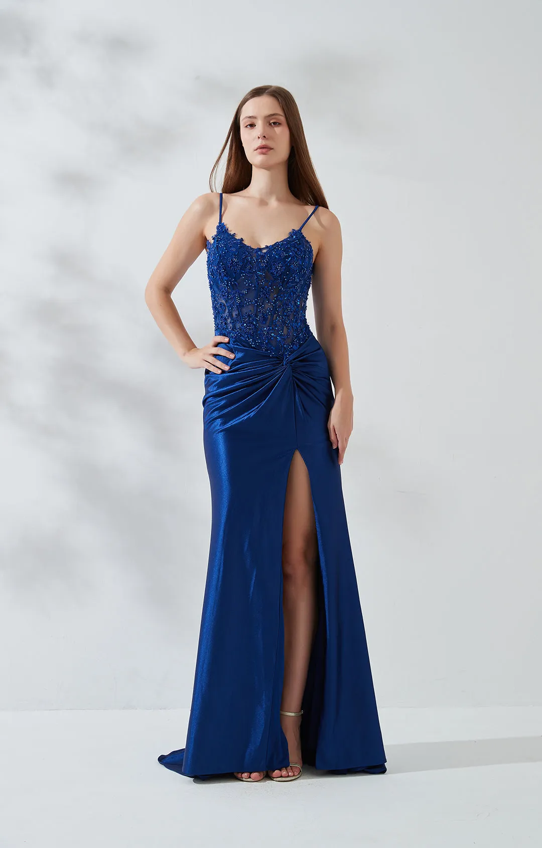 See-through Appliqued High Split Fishbone Zipper Dresses