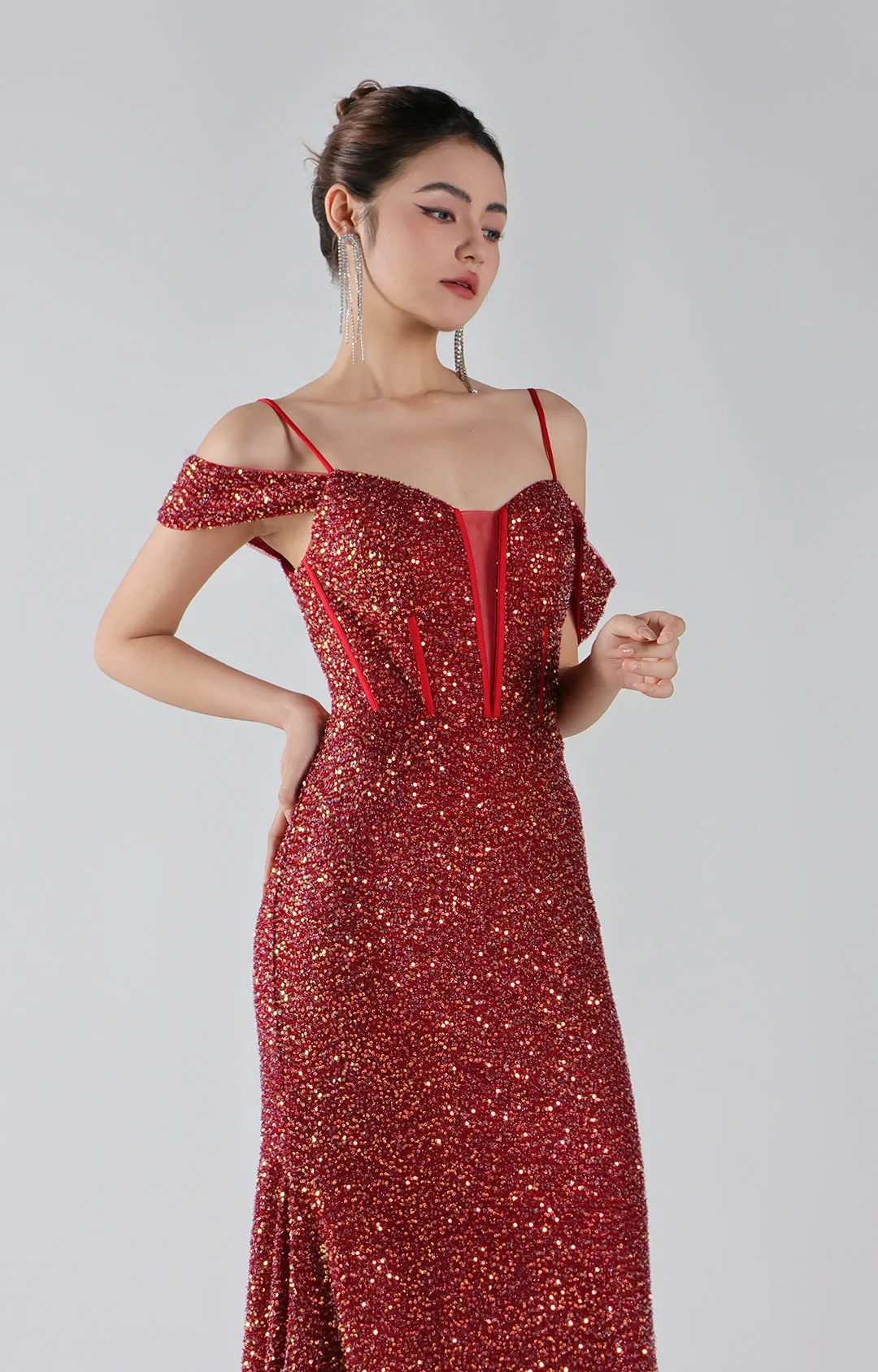 Sequin Drop Shoulder Backless Mermaid Evening Dress