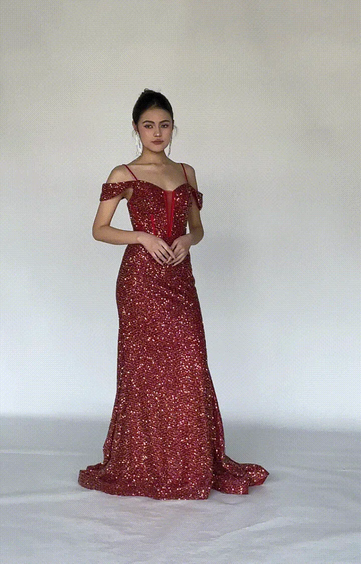 Sequin Drop Shoulder Backless Mermaid Evening Dress