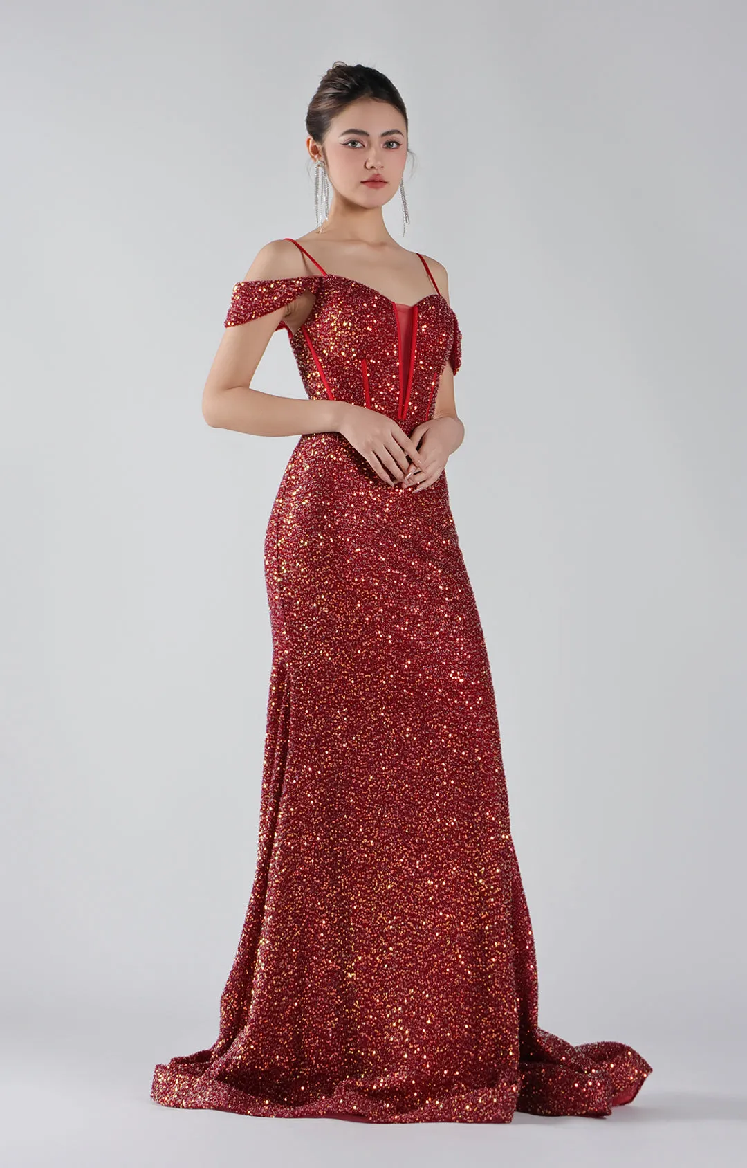 Sequin Drop Shoulder Backless Mermaid Evening Dress