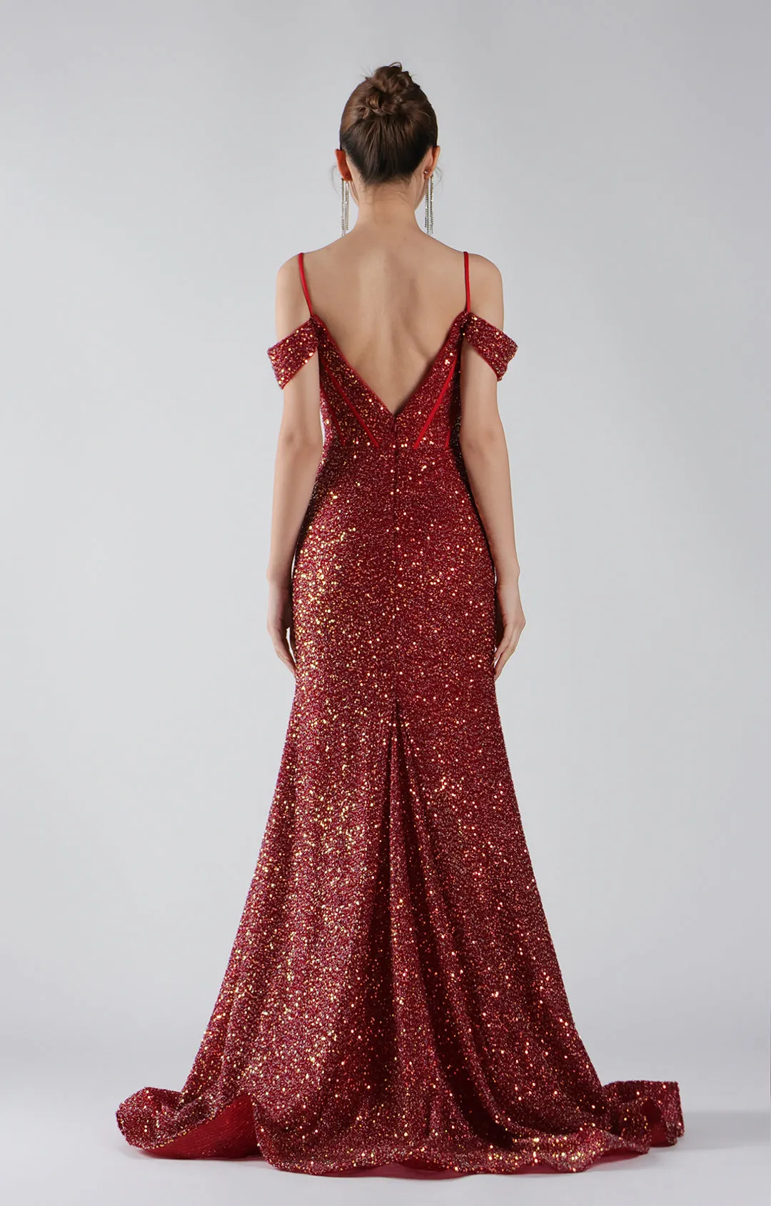 Sequin Drop Shoulder Backless Mermaid Evening Dress