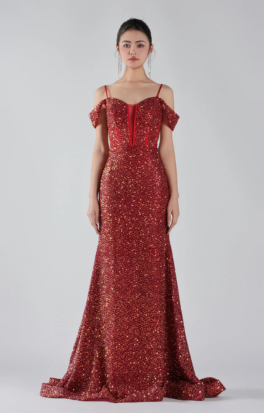 Sequin Drop Shoulder Backless Mermaid Evening Dress